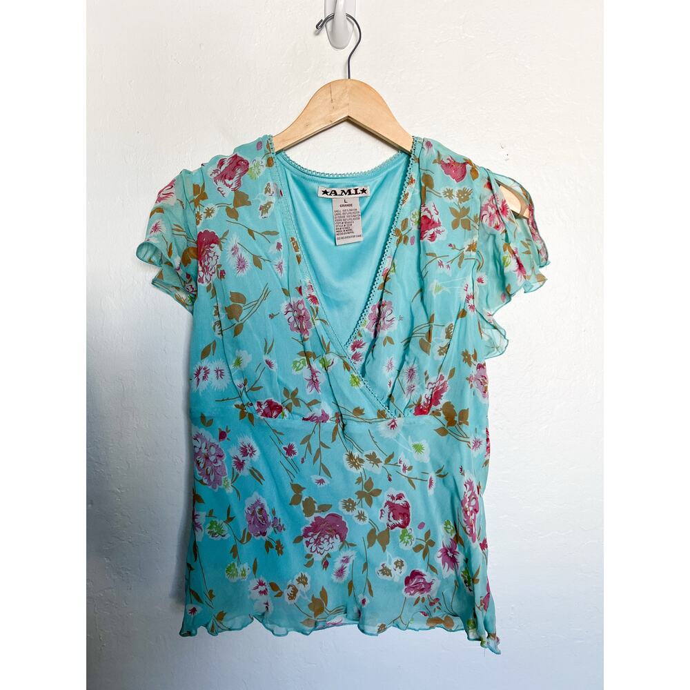 VTG AMI Top Shirt Large Floral Turquoise Blue Y2K 90s Flutter Sleeve Cross Front